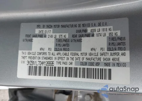 2017 Mazda 3 Touring из США, поврежденный, VIN 3MZBN1L70HM126695